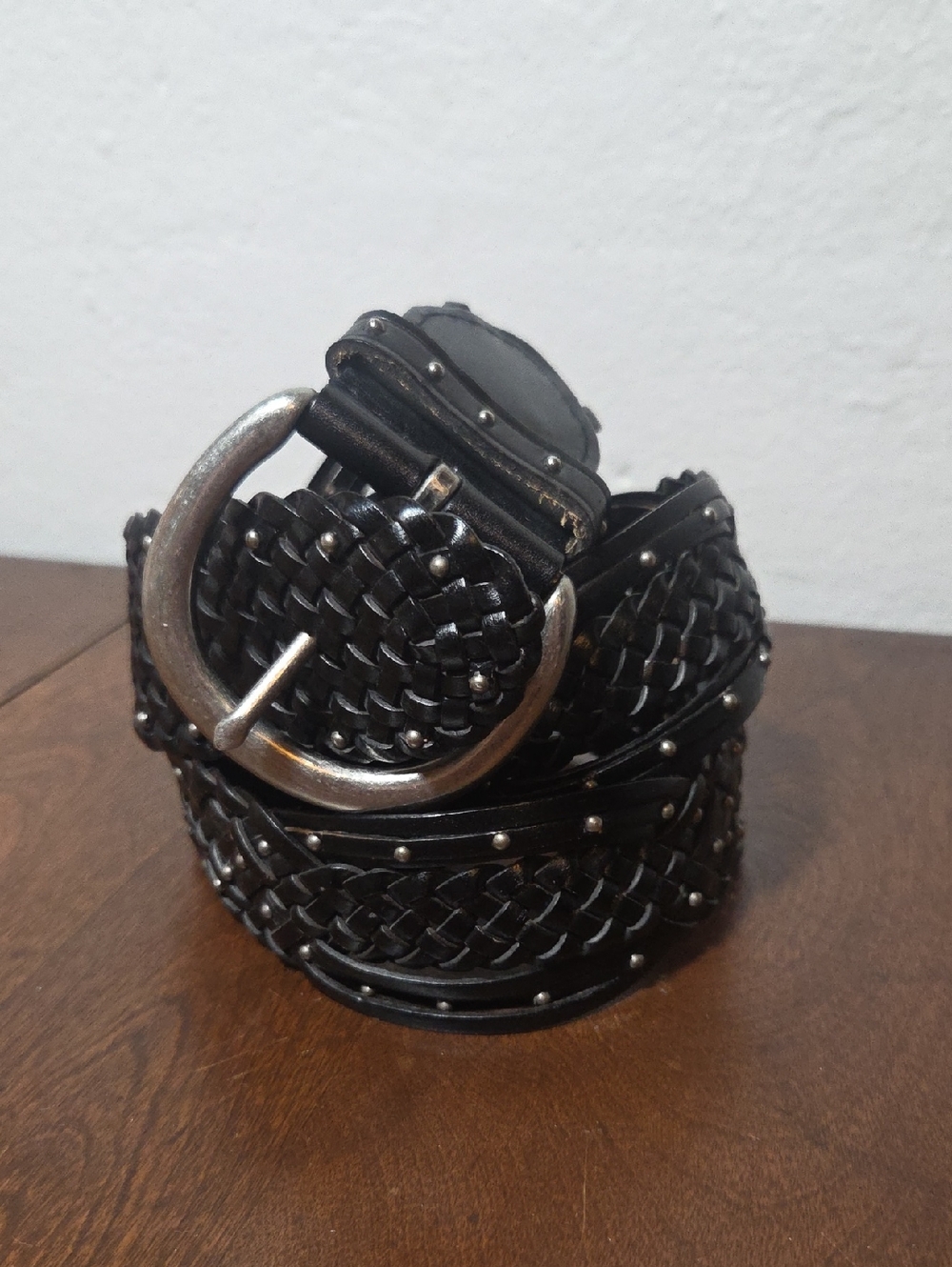 Black Braided Leather Belt with Studded Accents Silver Tone Buckle Womens M/L